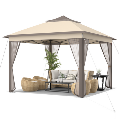 GemGear 11x11 ft 2-tier pop-up gazebo tent with beige canopy, brown frame and mesh curtains on Tampa Home & Garden Store