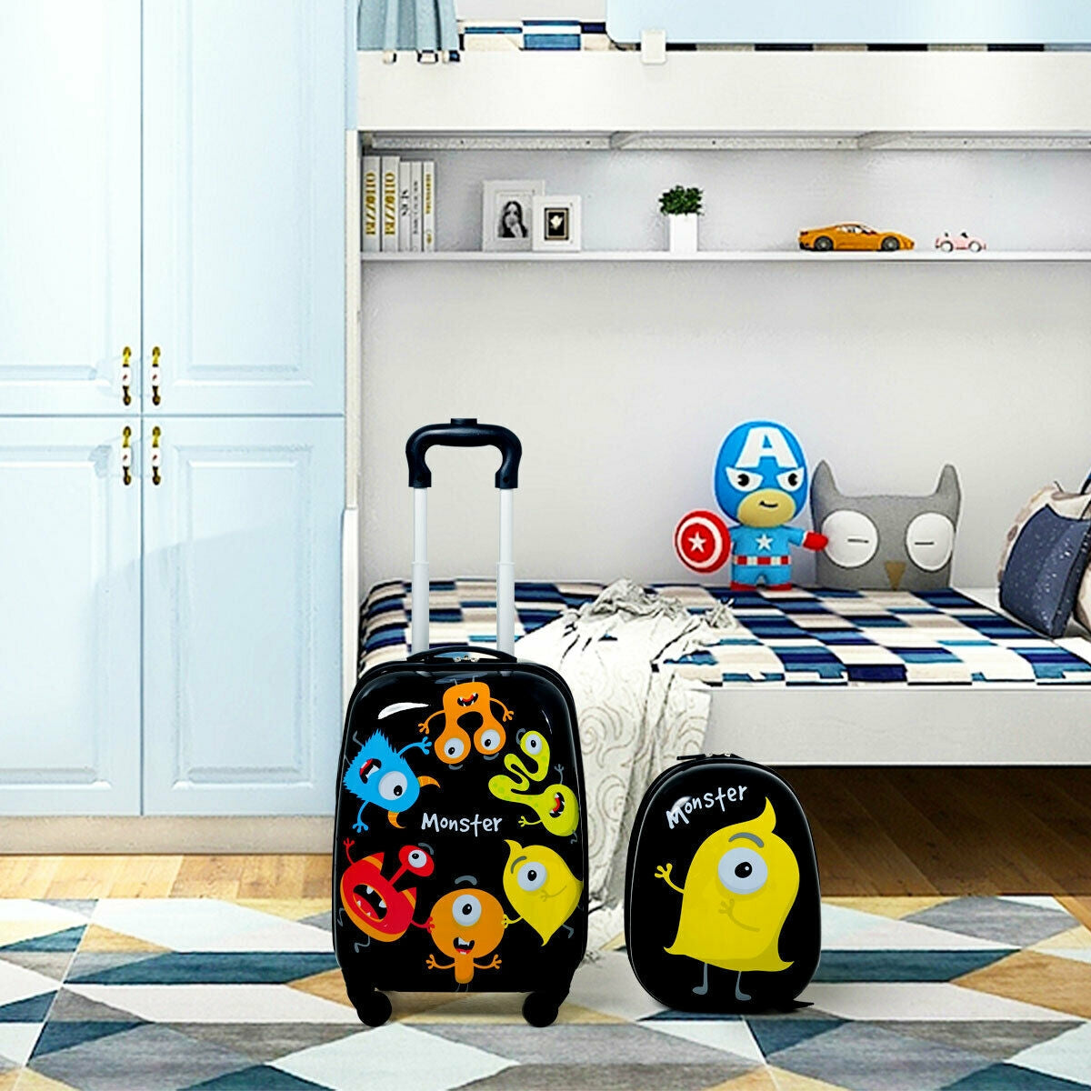 GemGear 2-piece kids luggage set: 12in backpack and 16in rolling suitcase black with monster art on Tampa Home & Garden Store