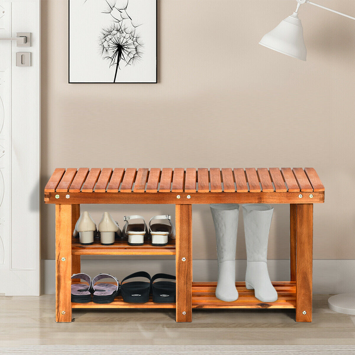 Organizador de Zapatos de Madera de 3 Niveles Independiente con Asiento