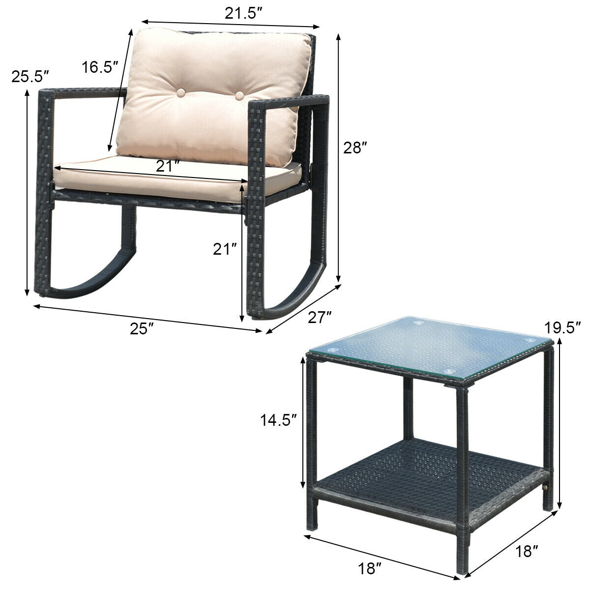 3 Pcs Wicker Rocking Bistro Set with Glass Coffee Table and Storage Shelf-Beige