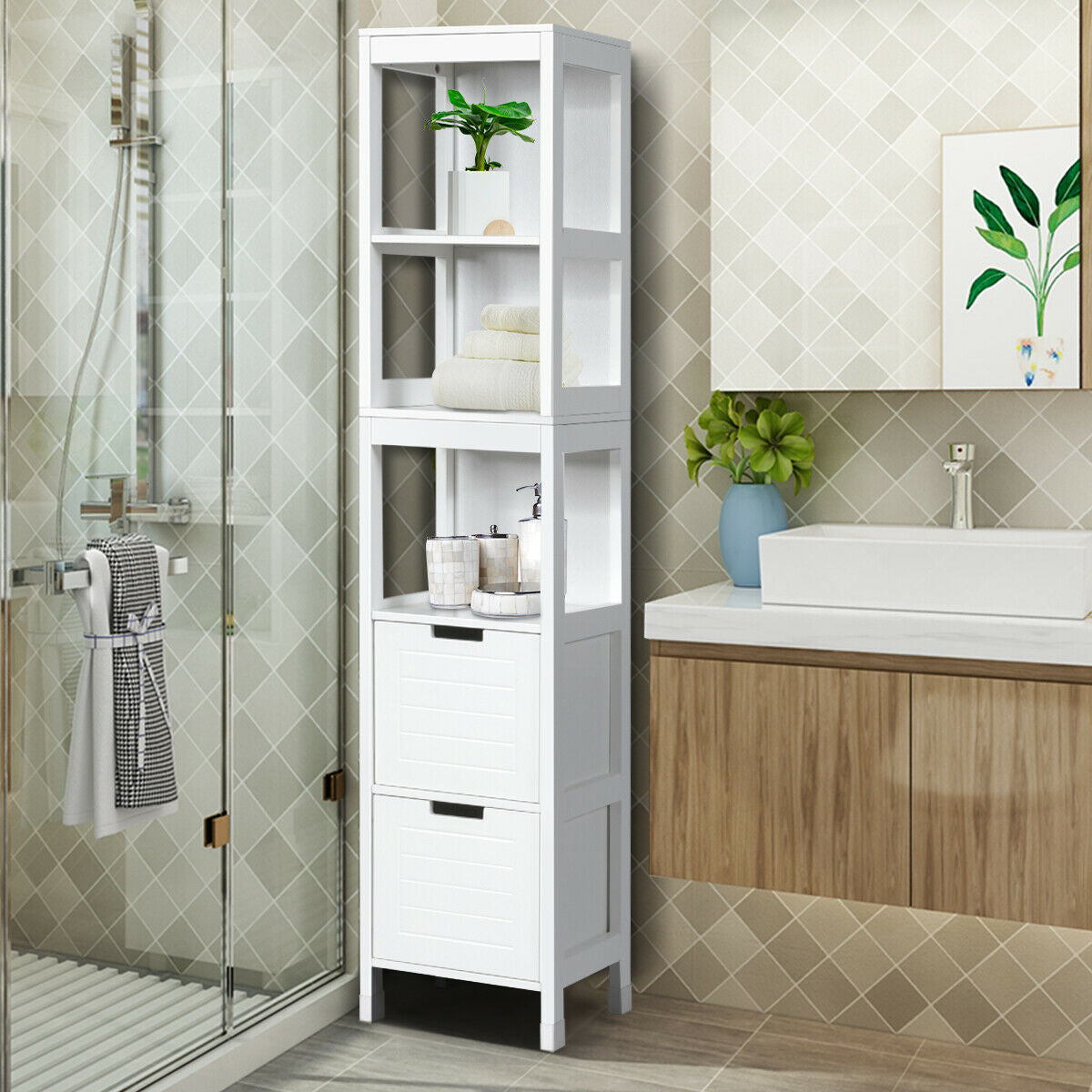 Mueble de suelo multifuncional de 5 niveles para baño con 2 cajones