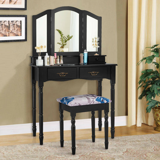 Tocador sencillo con espejo triple plegable, cajones y estante de almacenamiento - Negro