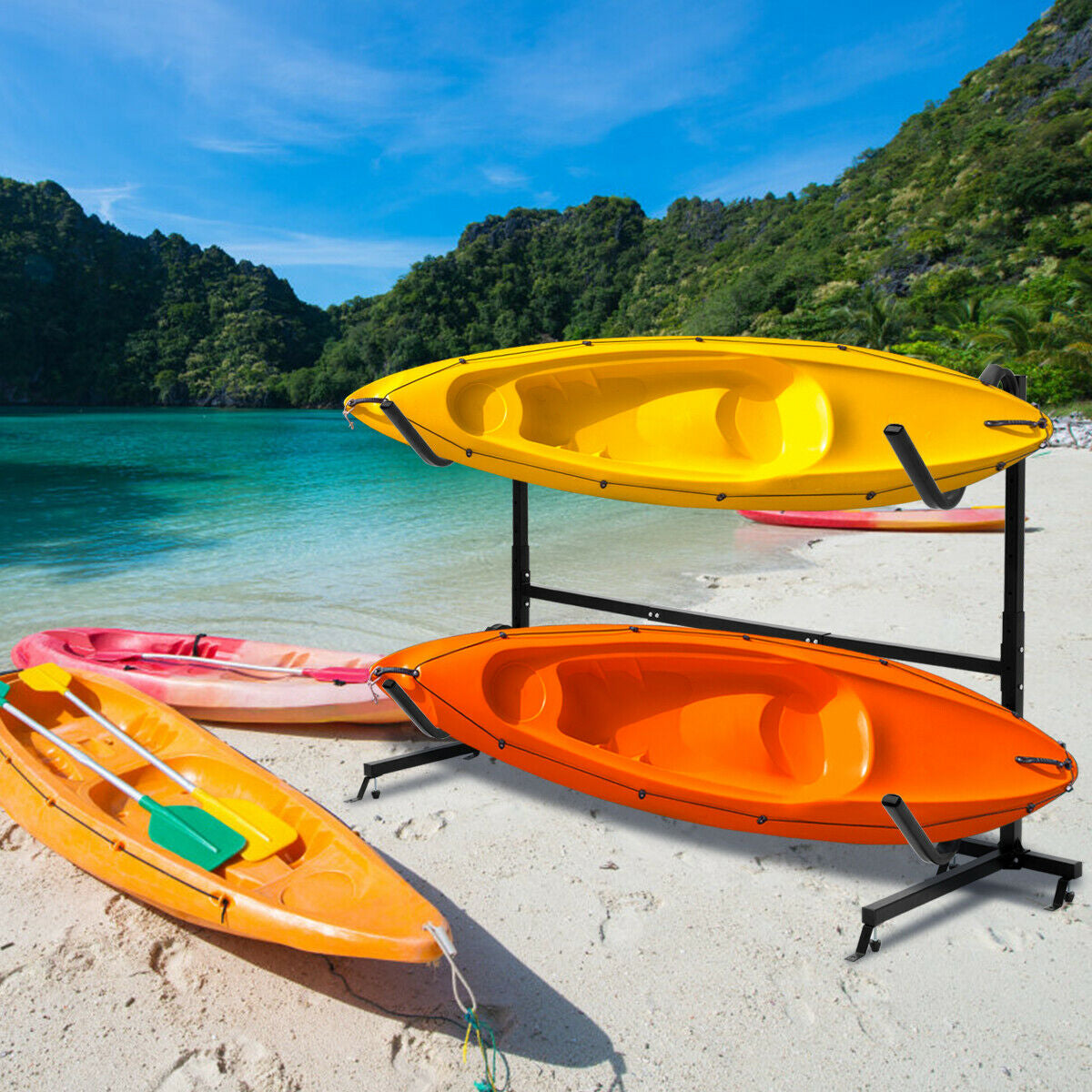 GemGear freestanding height-adjustable dual kayak rack holds two kayaks on a black metal frame on Tampa Home & Garden Store