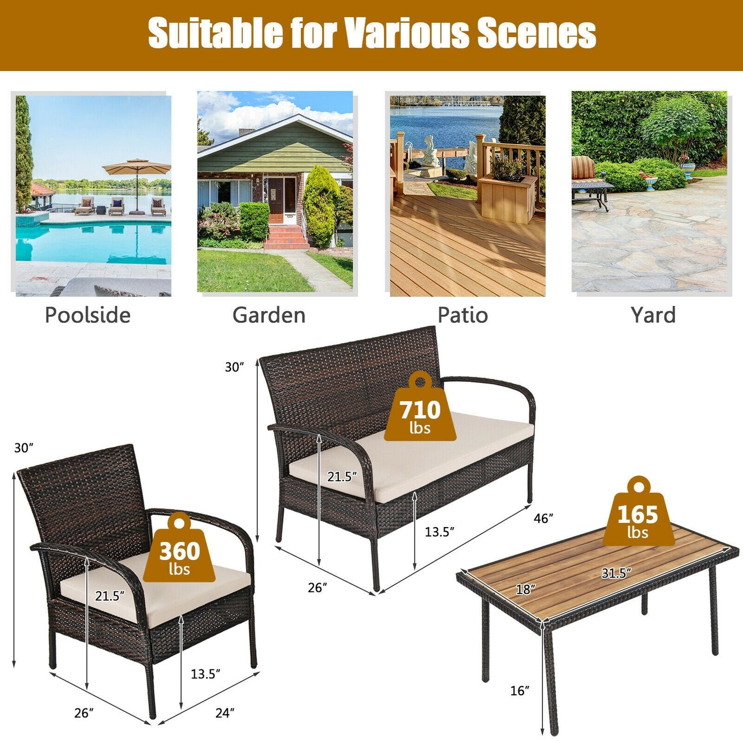 Juego de conversación de mimbre acolchado de 4 piezas para patio con tablero de mesa de madera de acacia