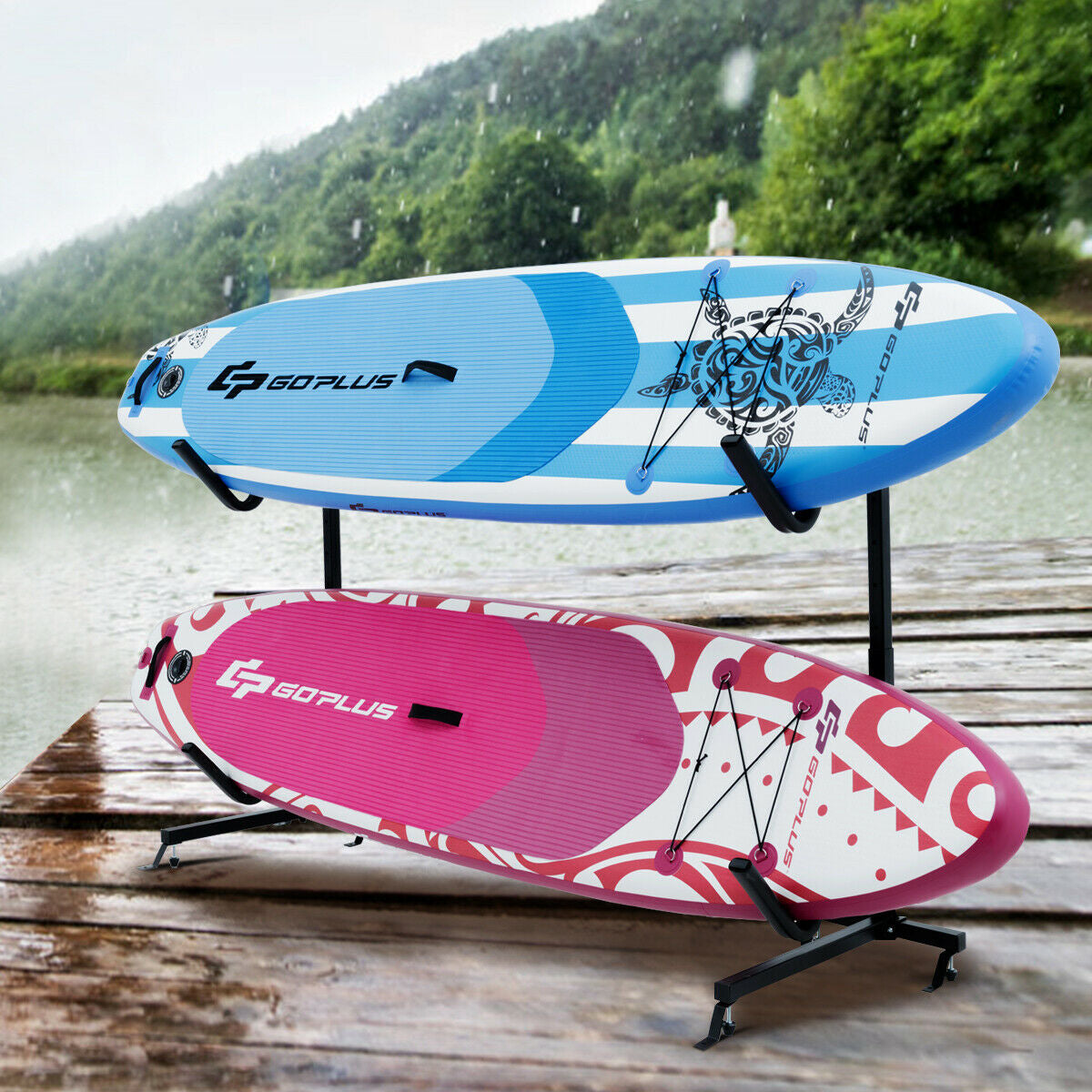 GemGear freestanding height adjustable dual kayak storage rack holding two blue and pink boards on Tampa Home & Garden Store