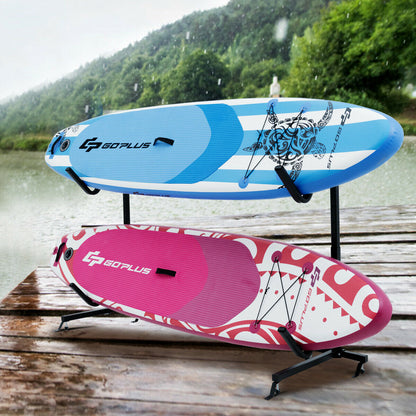 GemGear freestanding height adjustable dual kayak storage rack holding two blue and pink boards on Tampa Home & Garden Store