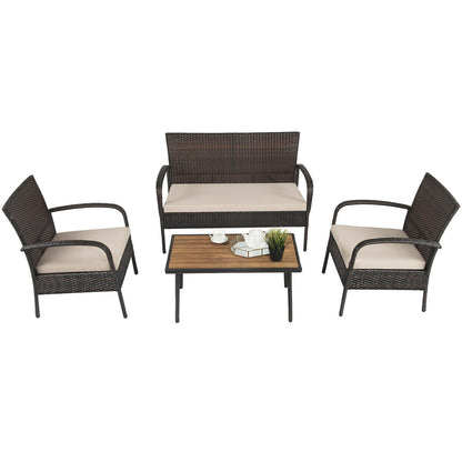 Juego de conversación de mimbre acolchado de 4 piezas para patio con tablero de mesa de madera de acacia