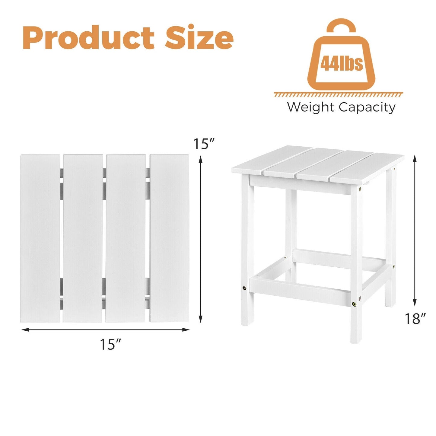 Mesa Auxiliar de Café Cuadrada de 15 Pulgadas con Listones de Madera para Patio/Jardín - Blanca