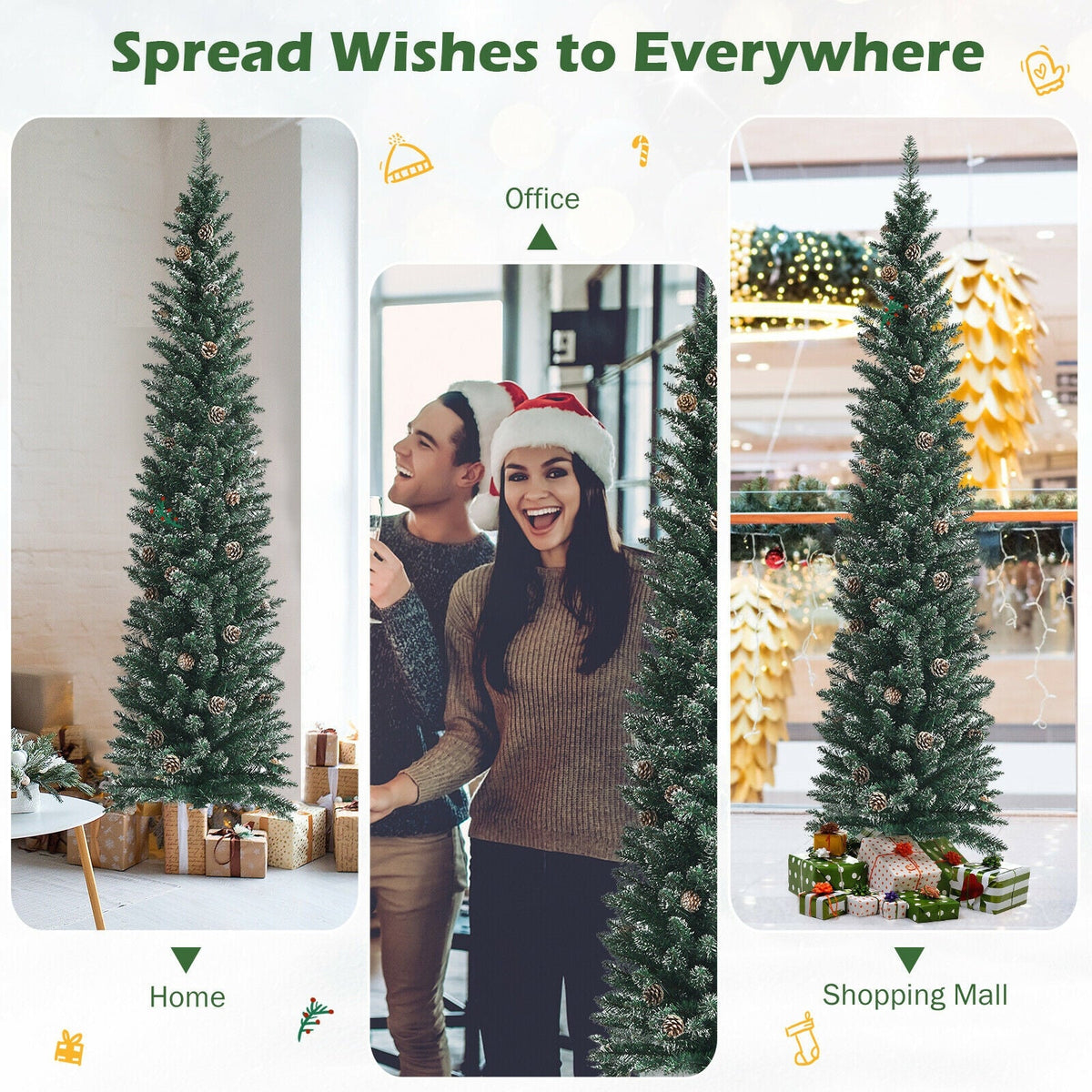 Snowy artificial pencil Christmas tree with pine cones by DirectDeals, slim evergreen display on Tampa Home & Garden Store