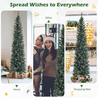 Snowy artificial pencil Christmas tree with pine cones by DirectDeals, slim evergreen display on Tampa Home & Garden Store