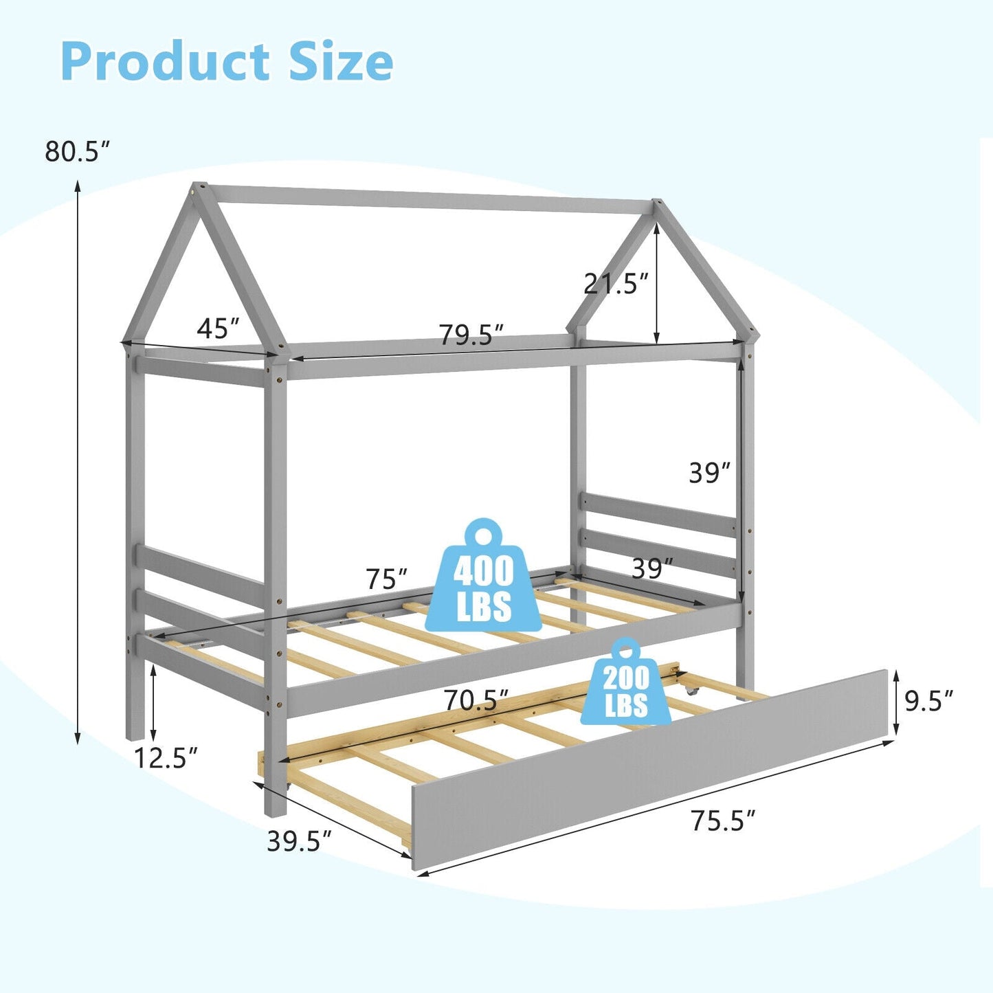 Cama de plataforma para niños con techo para dormitorio - Gris