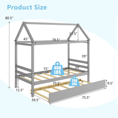 Cama de plataforma para niños con techo para dormitorio - Gris