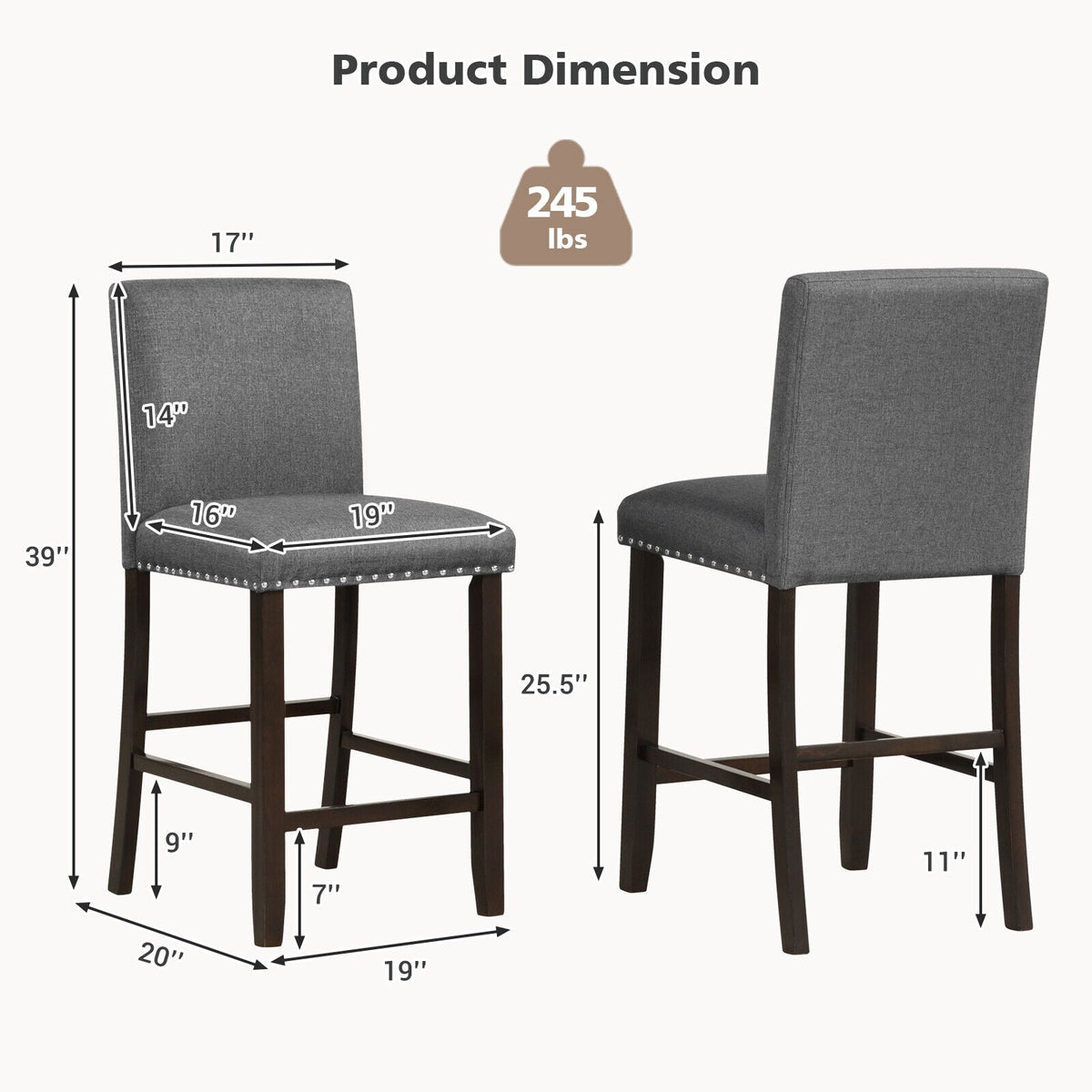Set of 2 linen fabric bar stools with backrests, gray upholstery and dark wood legs on Tampa Home & Garden Store