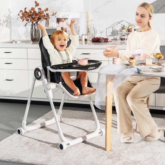 Baby High Chair Foldable Feeding Chair with 4 Lockable Wheels - Tampa Home & Garden Store