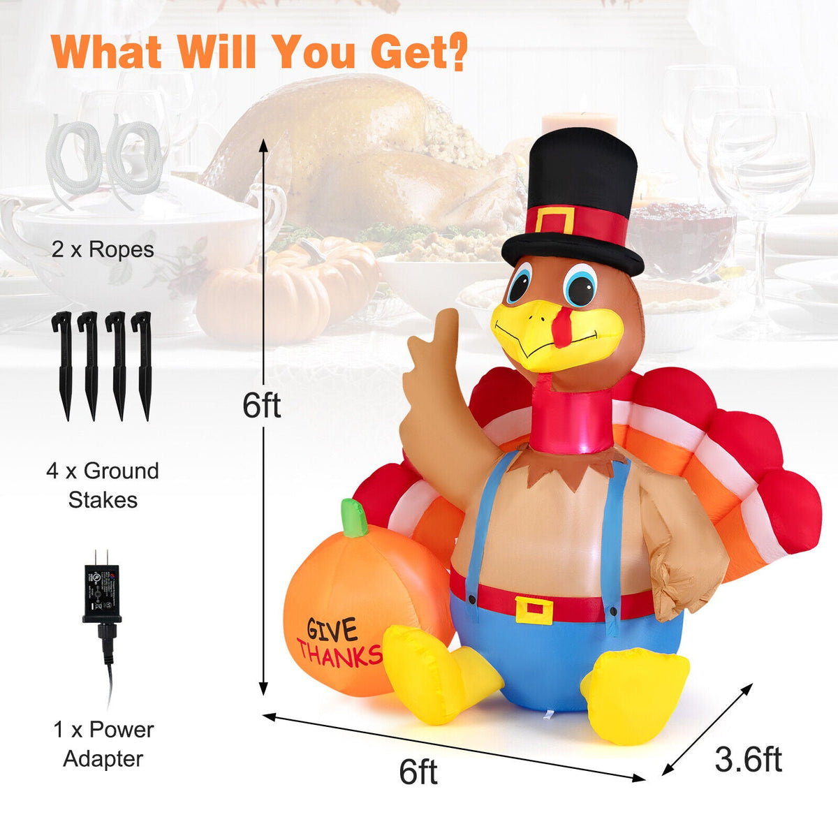 6 ft Thanksgiving inflatable turkey with pumpkin and lights for fall decor DirectDeals on Tampa Home & Garden Store