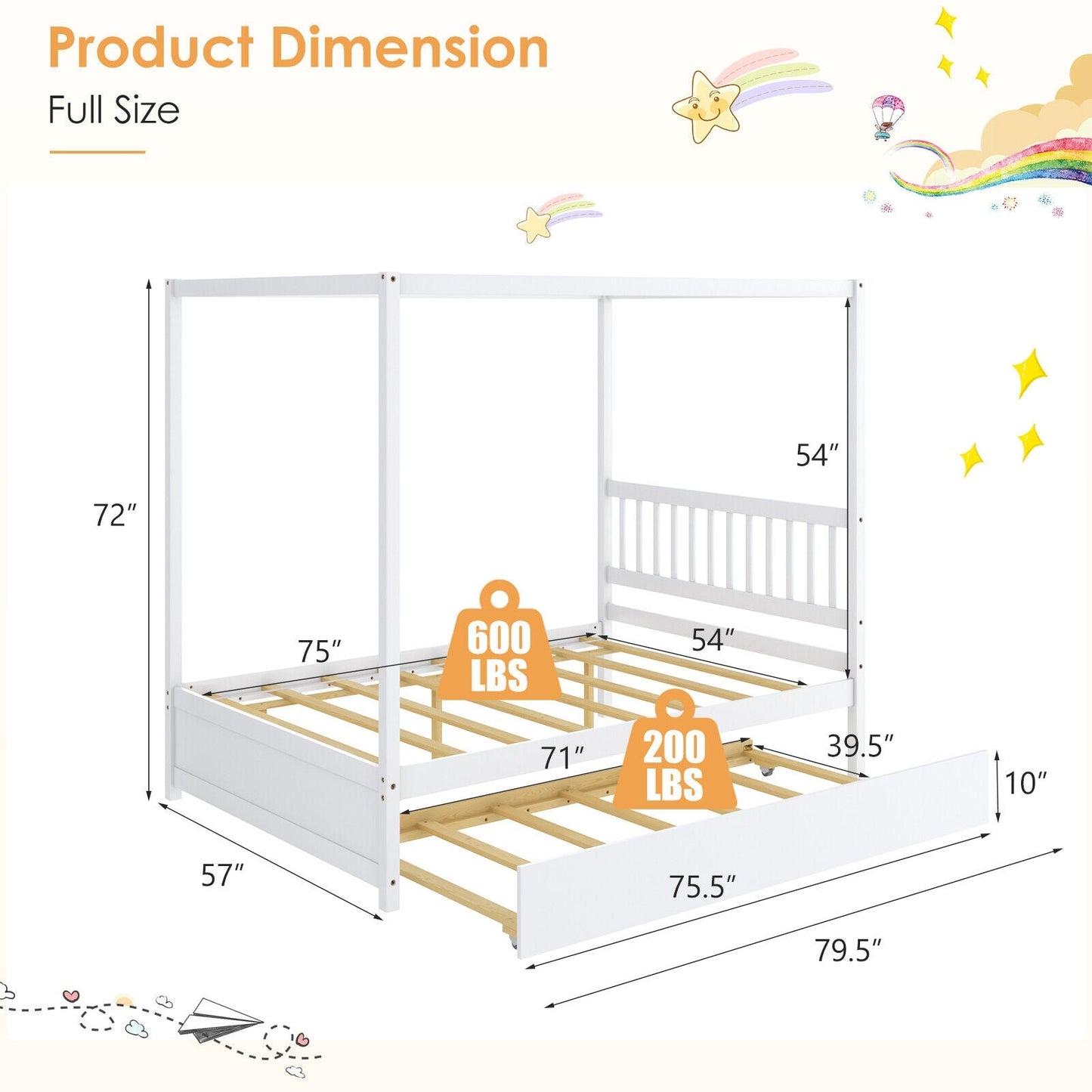 Cama con dosel de tamaño completo con cama nido, plataforma de madera, cabecero - Blanco
