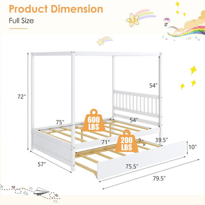 Cama con dosel de tamaño completo con cama nido, plataforma de madera, cabecero - Blanco