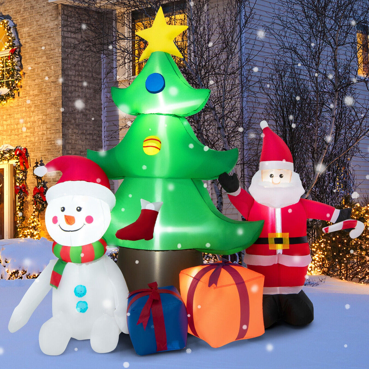 7.2 ft inflatable lighted Christmas tree with Santa, snowman, and gift boxes on Tampa Home & Garden Store