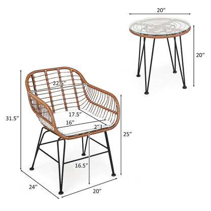 3-Piece Brown Rattan Bistro Set with Cushions and Glass Table, DirectDeals patio on Tampa Home & Garden Store