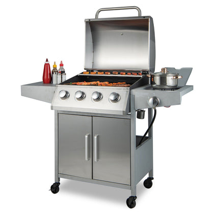 Parrilla de gas propano de 5 quemadores y 50000 BTU con quemador lateral y 2 mesas auxiliares - Plata