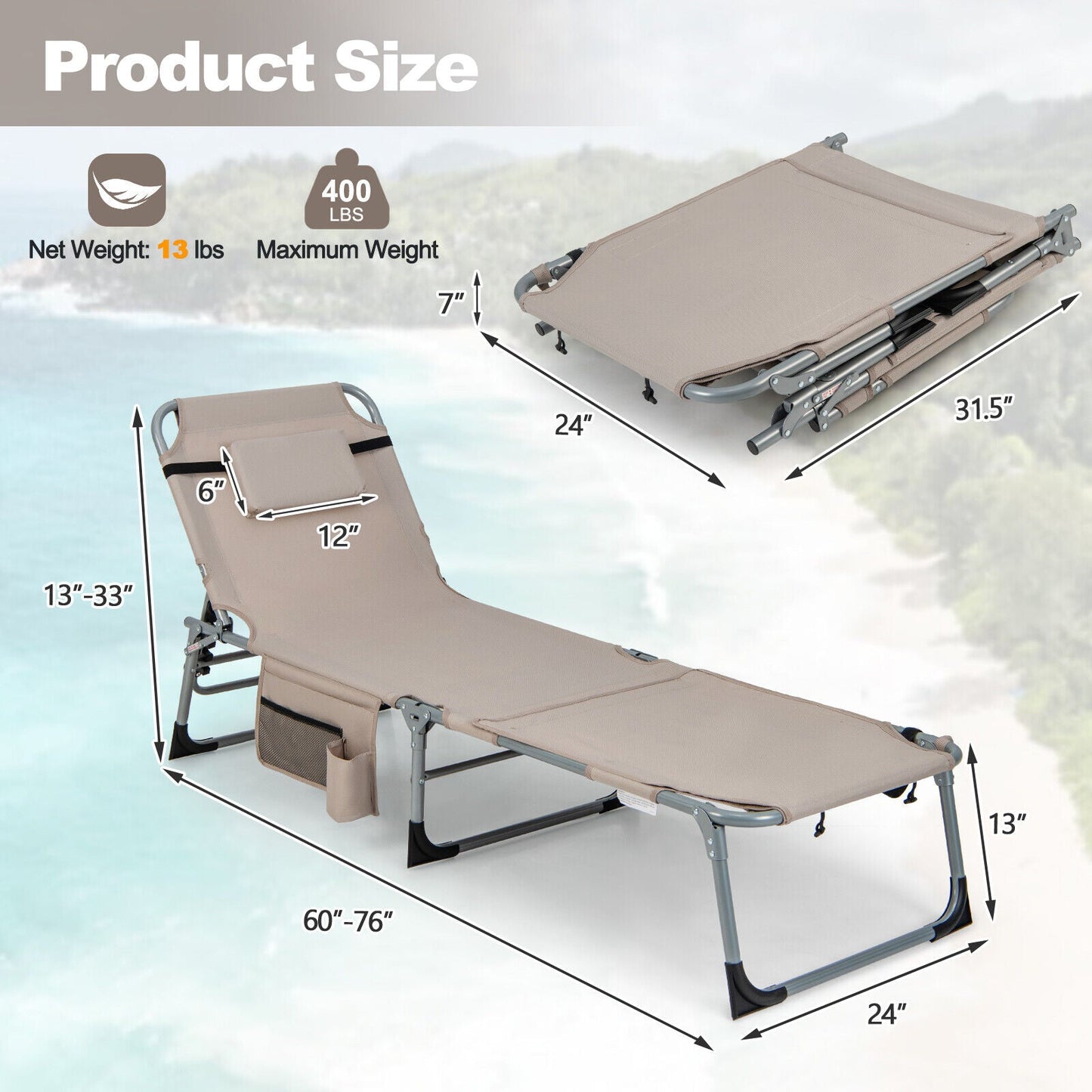 Tumbona plegable de exterior de 5 posiciones - Beige