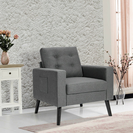 Sillón Club Tapizado de Mediados de Siglo con Patas de Madera de Caucho - Gris