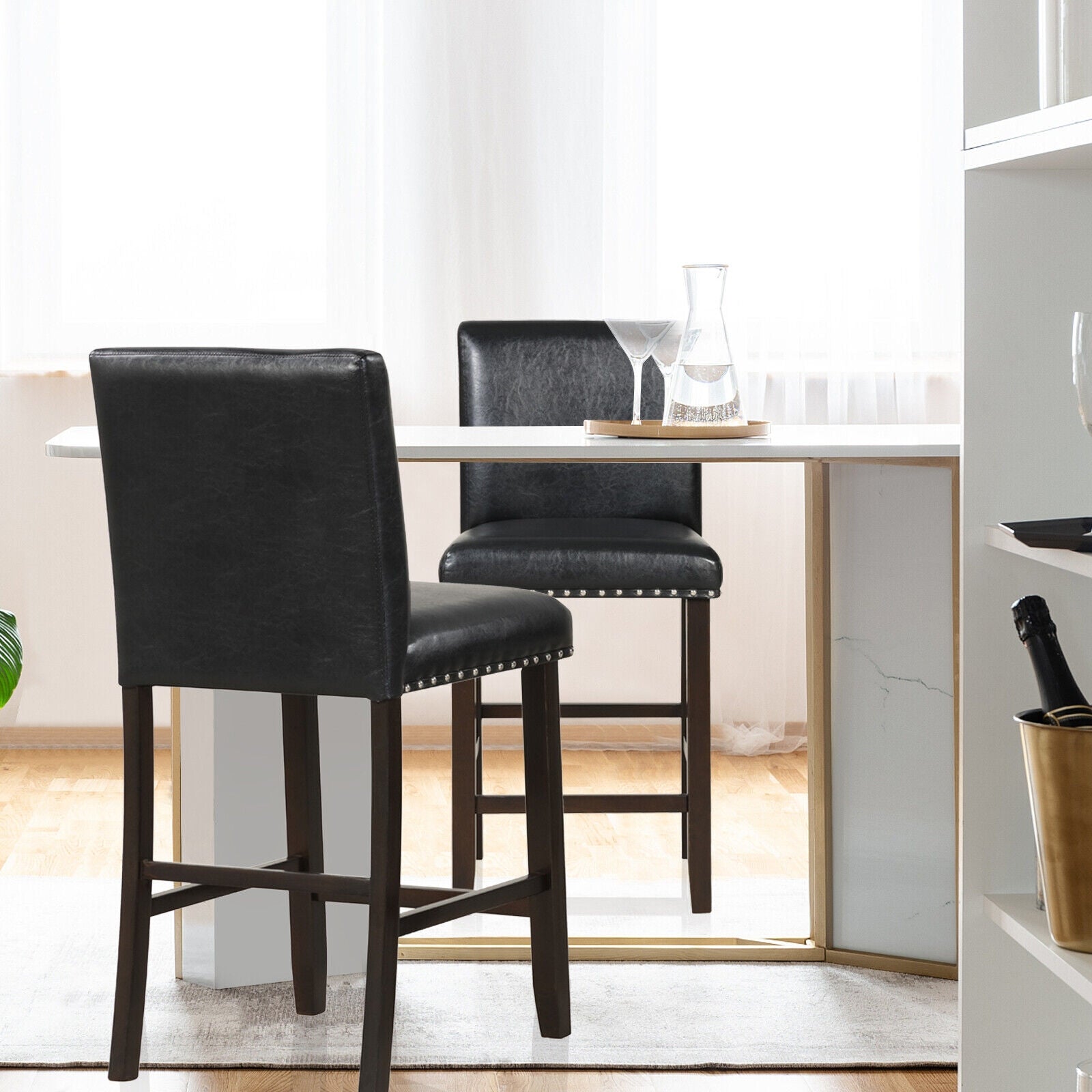 Set of 2 linen fabric bar stools with back in black, nailhead trim for modern kitchen on Tampa Home & Garden Store