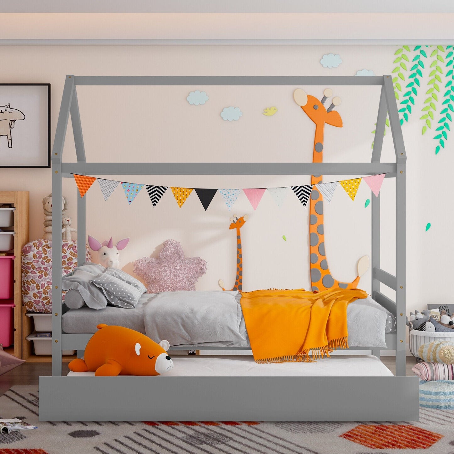 Cama de plataforma para niños con techo para dormitorio - Gris