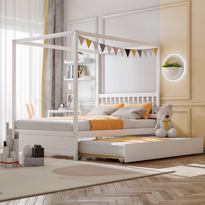 Cama con dosel de tamaño completo con cama nido, plataforma de madera, cabecero - Blanco
