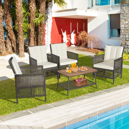Juego de muebles de patio de ratán de 5 piezas con cojines, sofá y mesa auxiliar de madera - Blanco roto