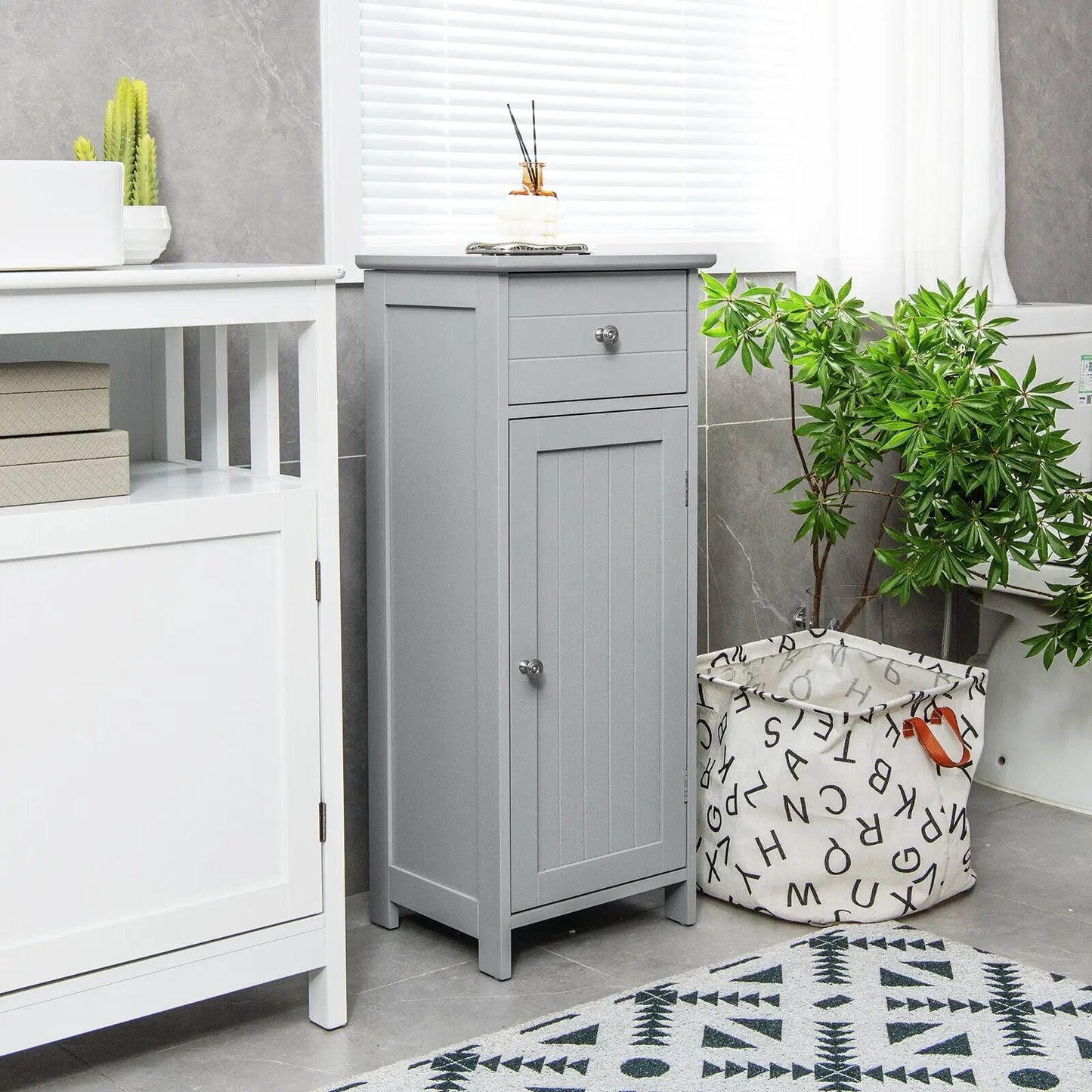 Wooden Bathroom Floor Storage Cabinet With Drawer