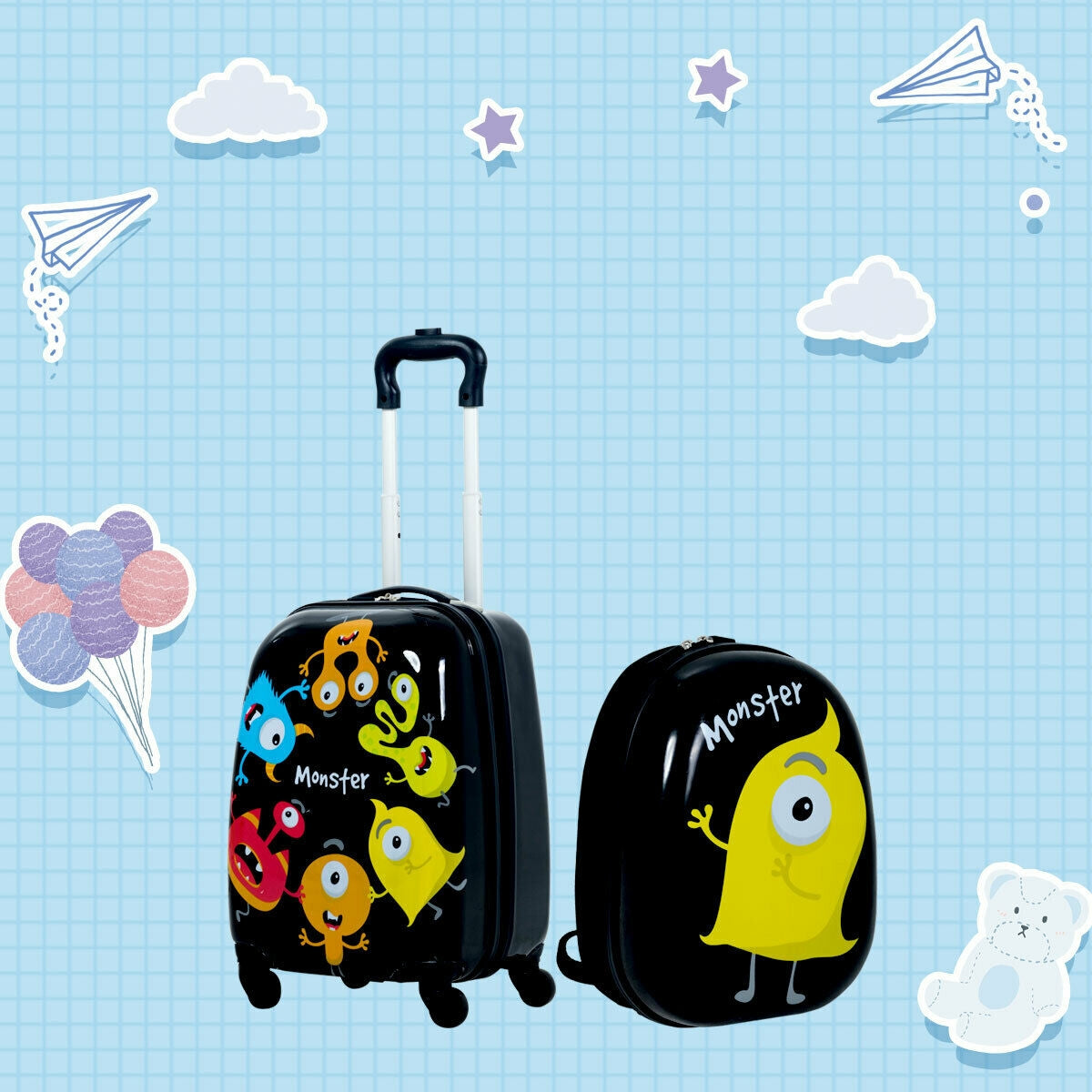 GemGear 2pc luggage set 12in monster backpack and 16in rolling suitcase, black with monster art on Tampa Home & Garden Store
