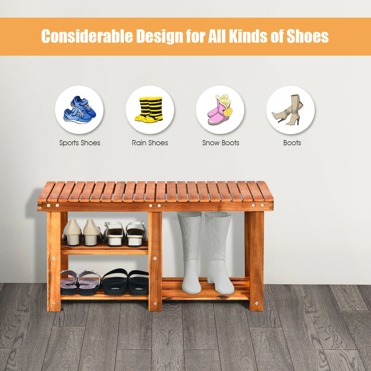 Organizador de Zapatos de Madera de 3 Niveles Independiente con Asiento