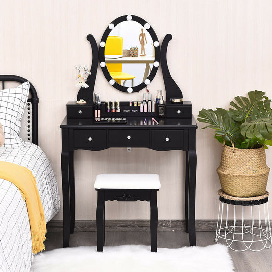 Juego de tocador con 10 luces regulables, espejo iluminado y taburete acolchado - Negro