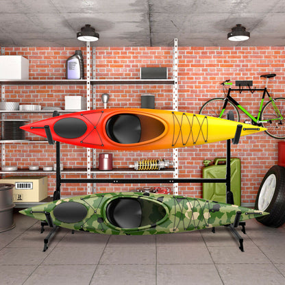 GemGear Height-Adjustable Kayak Storage Rack for 2 kayaks, red-orange gradient top, camo bottom on Tampa Home & Garden Store
