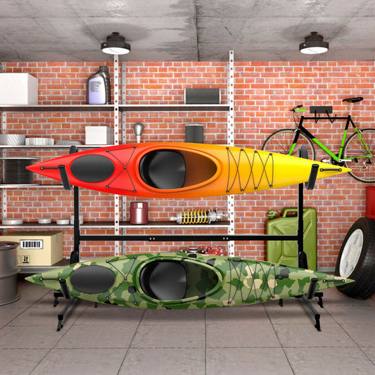 Freestanding dual kayak storage rack by GemGear with red gradient top kayak and camo bottom on Tampa Home & Garden Store
