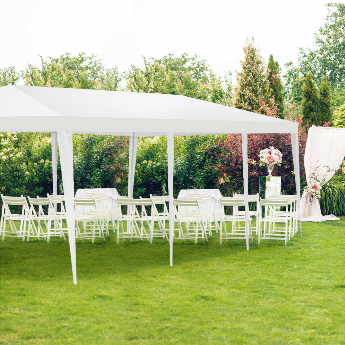 10x30 ft white gazebo canopy tent with stakes and wind ropes, chairs set under canopy in garden on Tampa Home & Garden Store