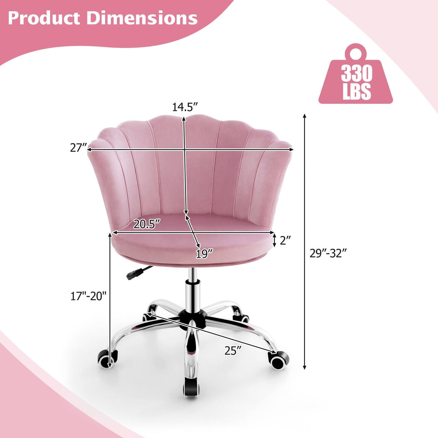 Silla de tocador de terciopelo ajustable con respaldo de concha marina y ruedas - Rosa