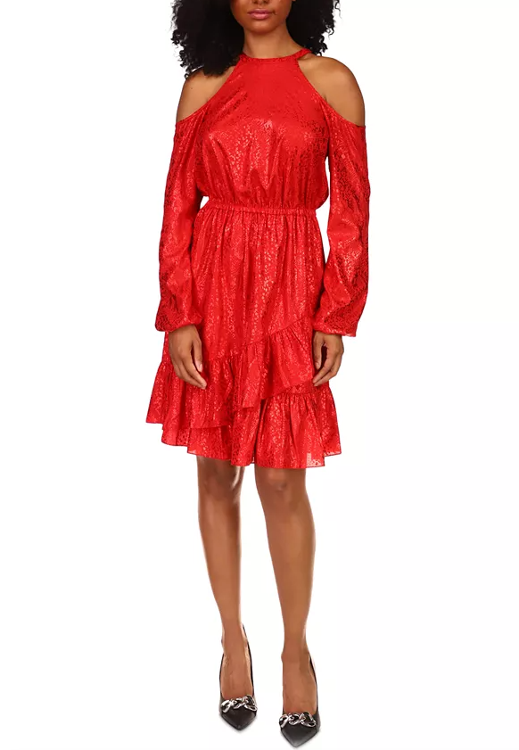 Red cold-shoulder dress with long sleeves and tiered ruffle skirt in shiny fabric on Tampa Home & Garden Store
