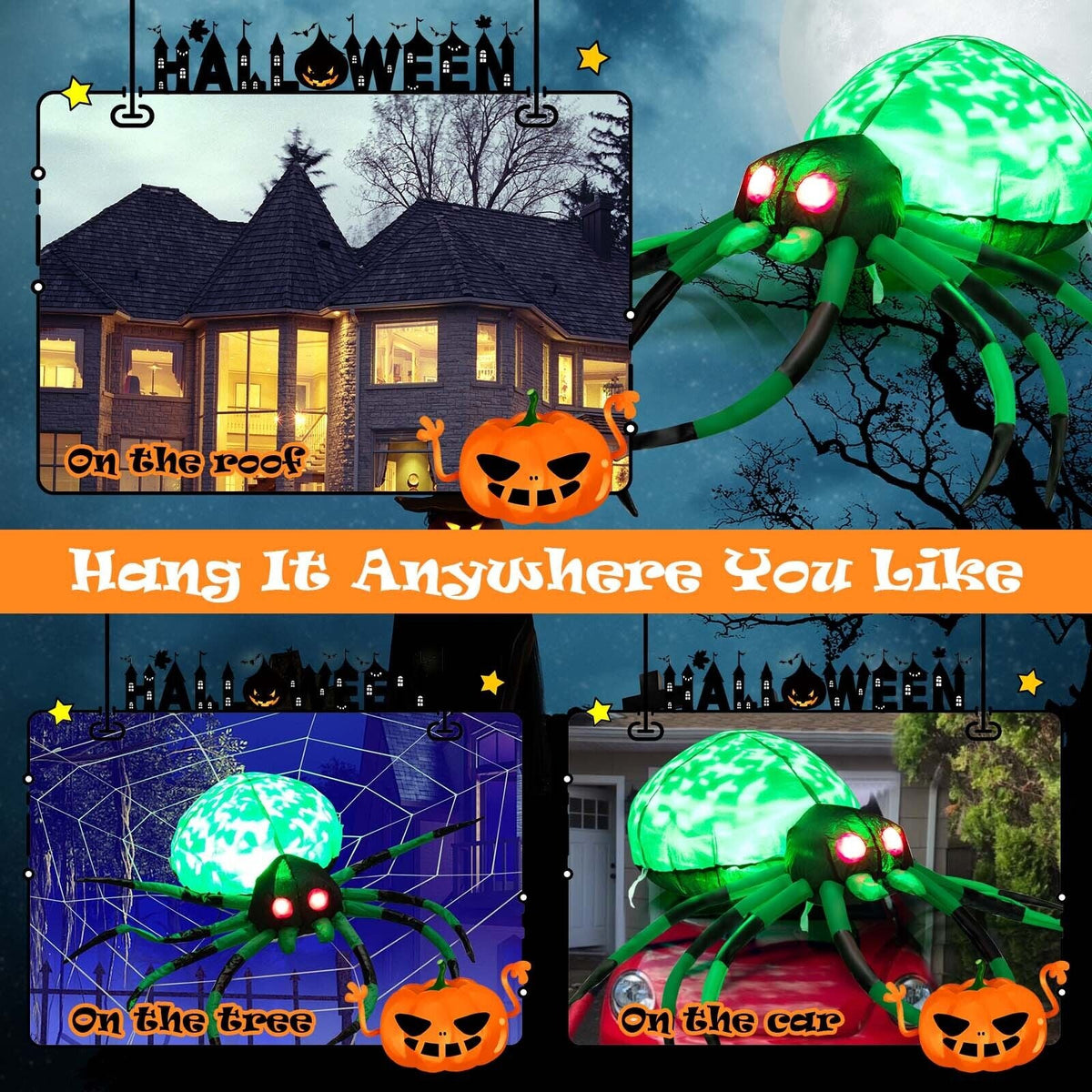 5 ft Halloween inflatable creepy spider with cobwebs and LEDs, green inflatable with LED eyes on Tampa Home & Garden Store