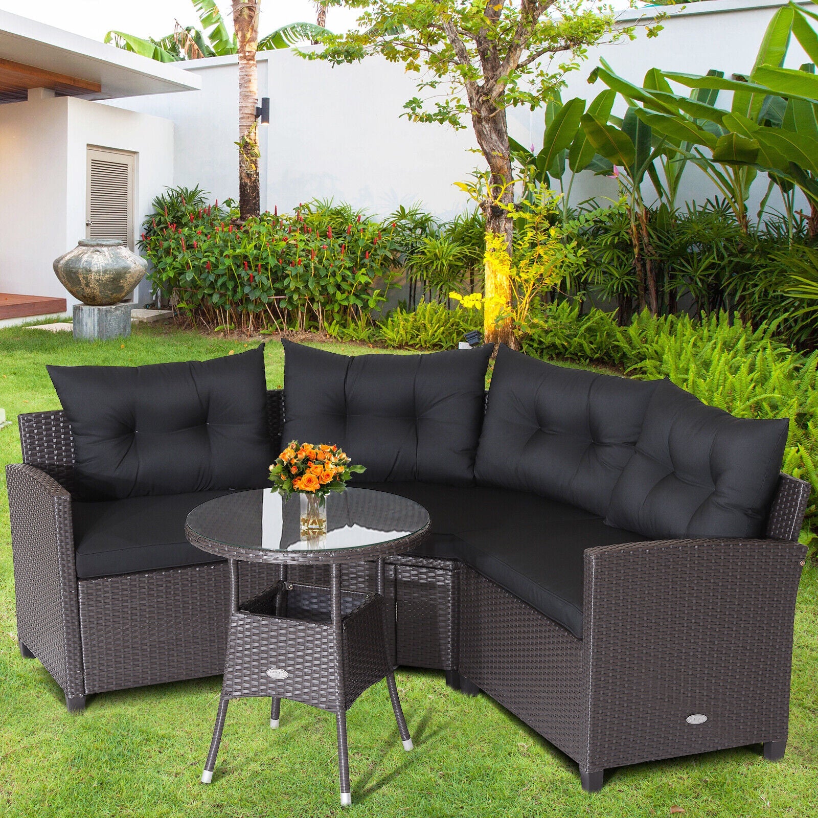 4 Pieces Patio Rattan Furniture Set Cushioned Sofa Glass Table - Tampa Home & Garden Store
