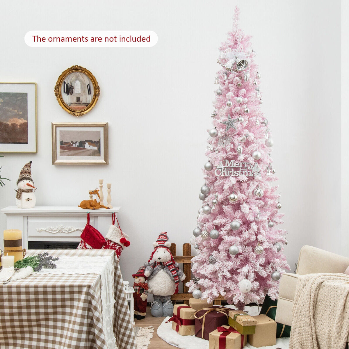7 ft pink pre-lit snow-flocked hinged pencil Christmas tree with 300 lights and 8 modes on Tampa Home & Garden Store