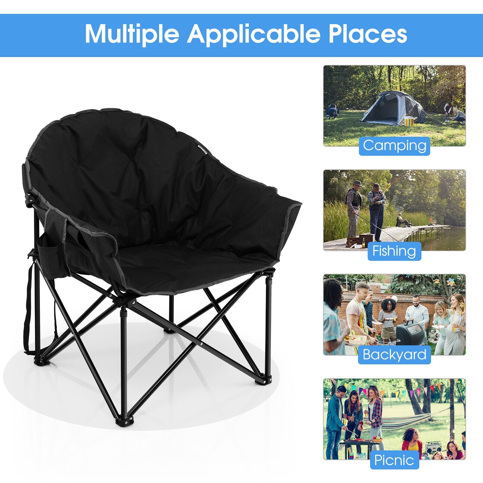GemGear folding camping moon-padded chair with black padded seat and folding steel frame on Tampa Home & Garden Store