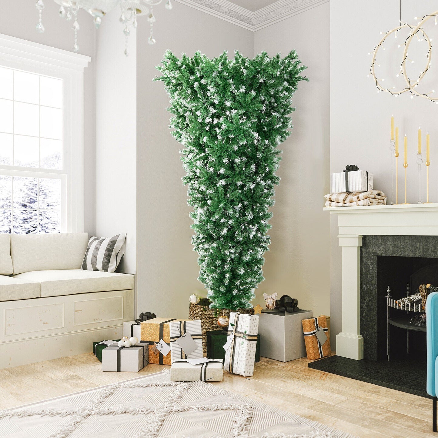 Árbol de Navidad nevado boca abajo preiluminado de 7.5 pies, 1100 puntas