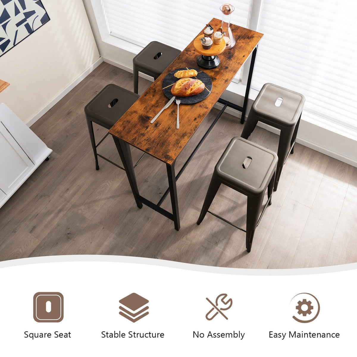 30 Inch Bar Stools set of 4 with square seats and center handling hole dark gray metal frames on Tampa Home & Garden Store