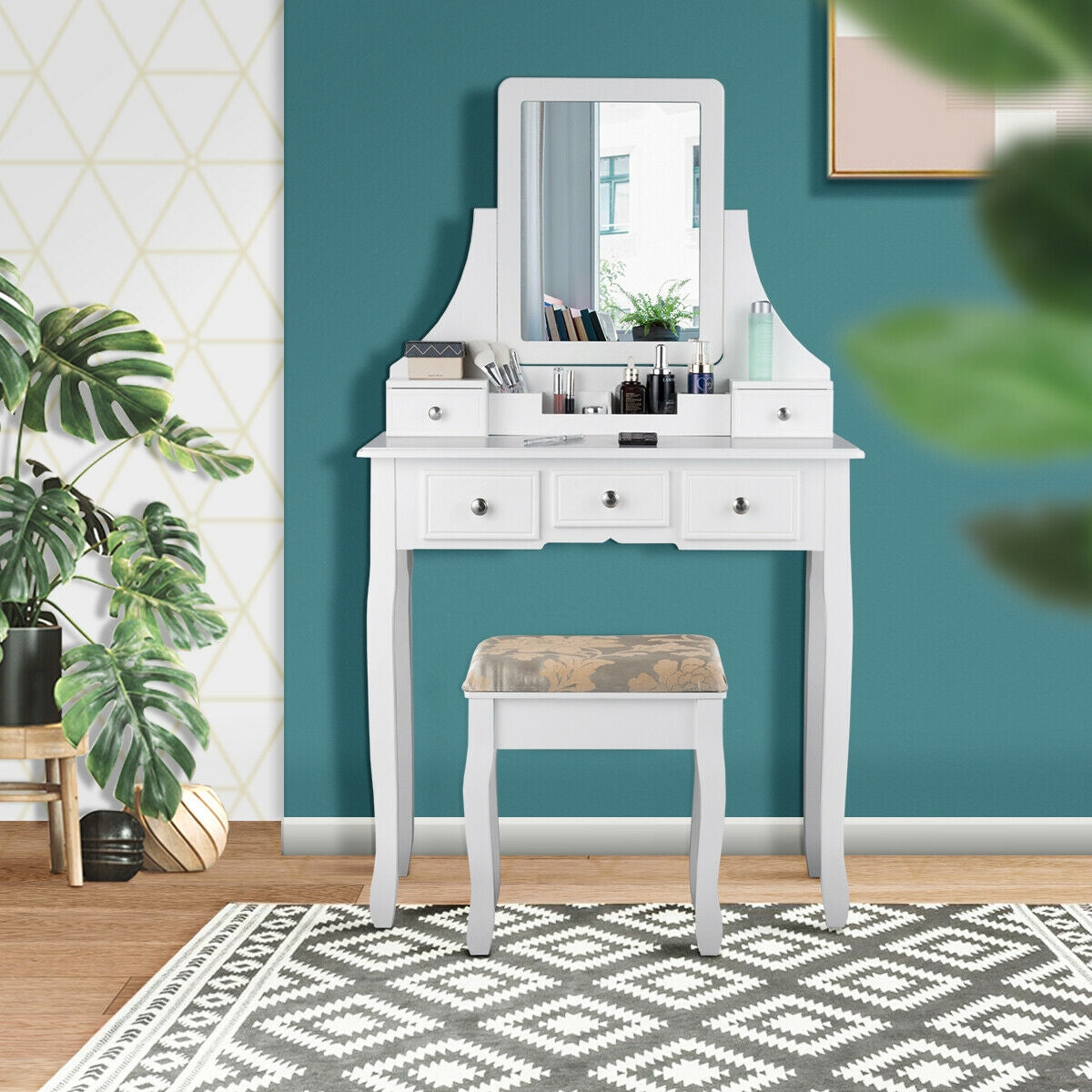 Set de tocador de maquillaje con 5 cajones removibles - Blanco