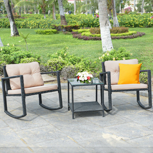3 Pcs Wicker Rocking Bistro Set with Glass Coffee Table and Storage Shelf-Beige - Tampa Home & Garden Store