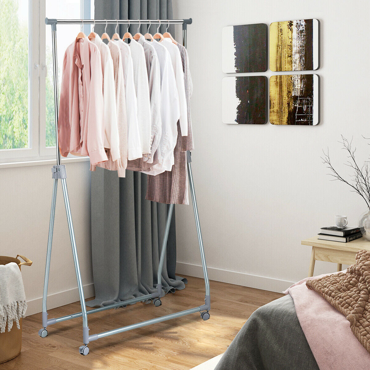Perchero resistente, extensible y plegable con barra para colgar