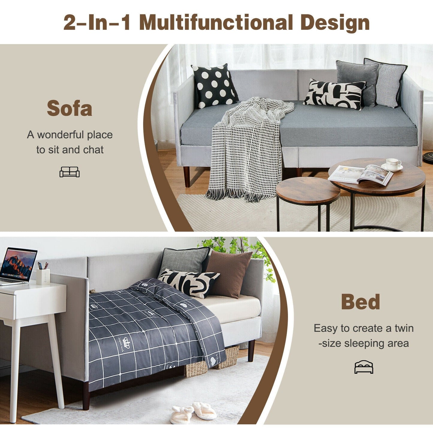 Base de cama individual con estructura de listones de madera resistente, color gris
