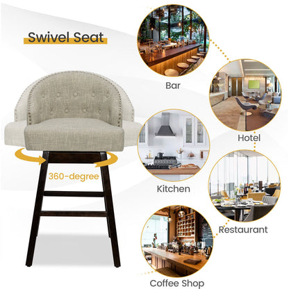 Juego de 2 taburetes giratorios para barra con patas de madera de caucho y respaldo acolchado - Beige